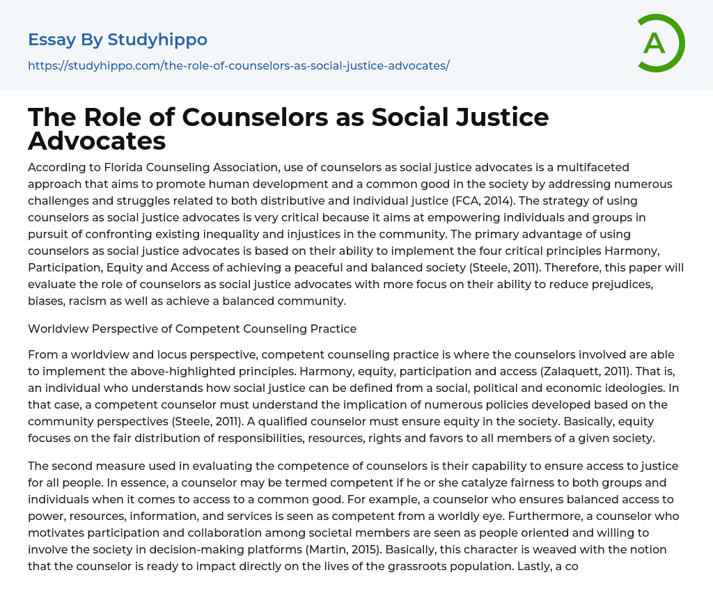 The Role of Counselors as Social Justice Advocates Essay Example