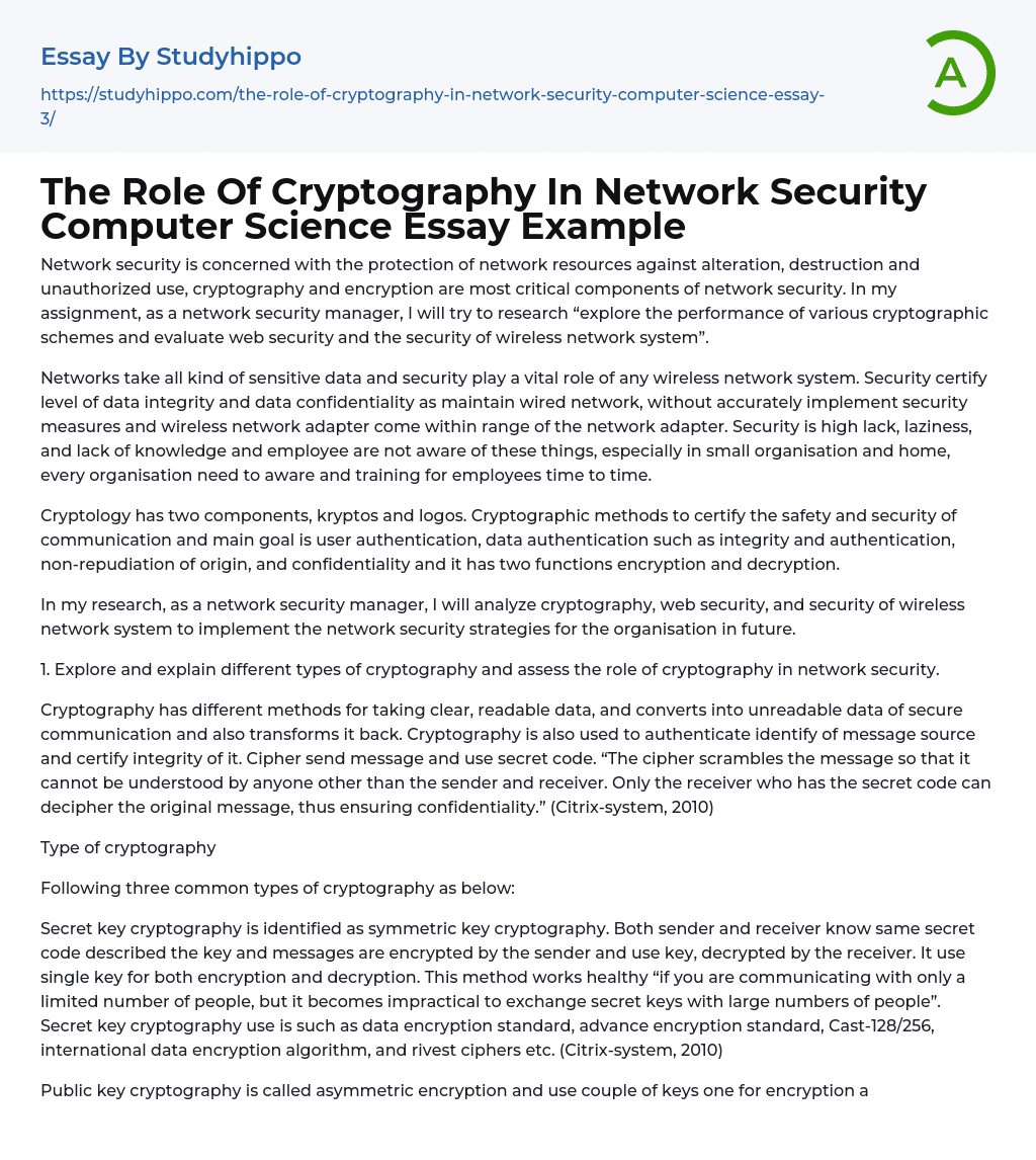 The Role Of Cryptography In Network Security Computer Science Essay Example