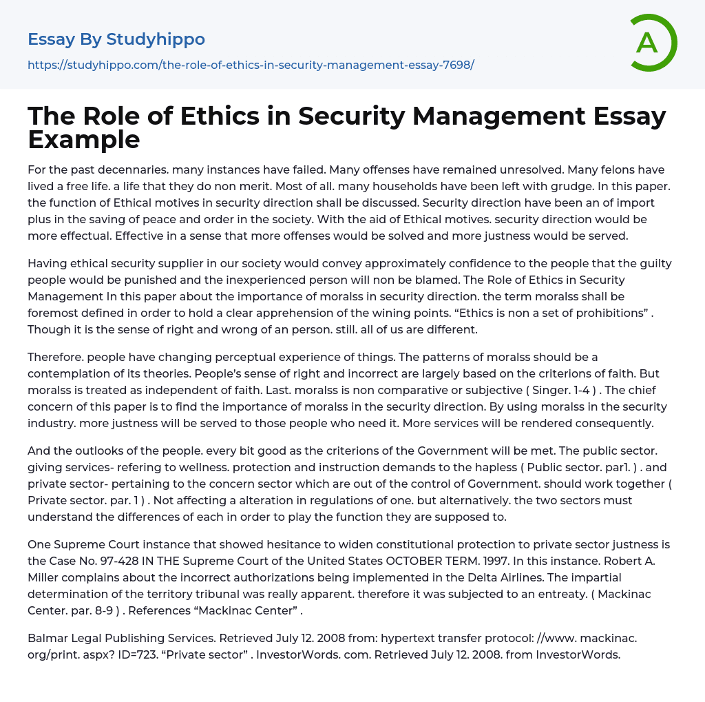 The Role of Ethics in Security Management Essay Example