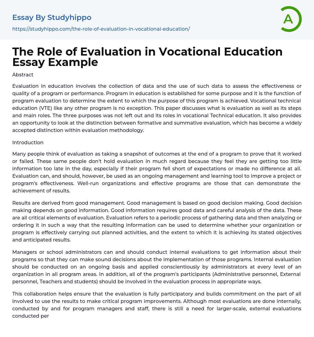 The Role of Evaluation in Vocational Education Essay Example