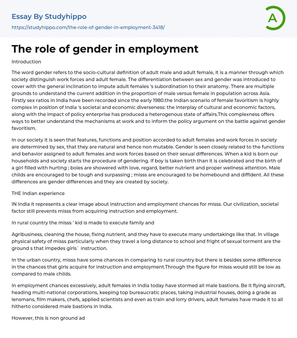 The role of gender in employment Essay Example