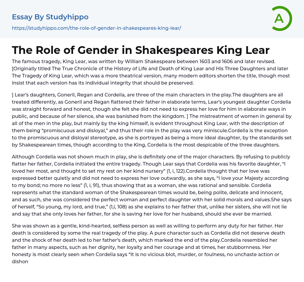 The Role of Gender in Shakespeares King Lear Essay Example