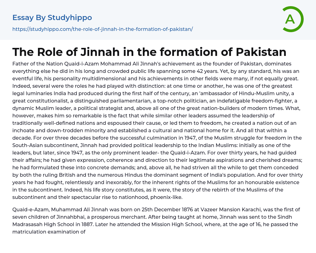The Role of Jinnah in the formation of Pakistan Essay Example