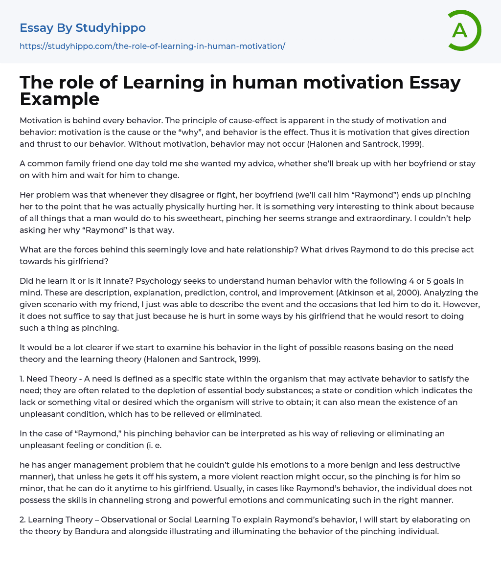 The role of Learning in human motivation Essay Example