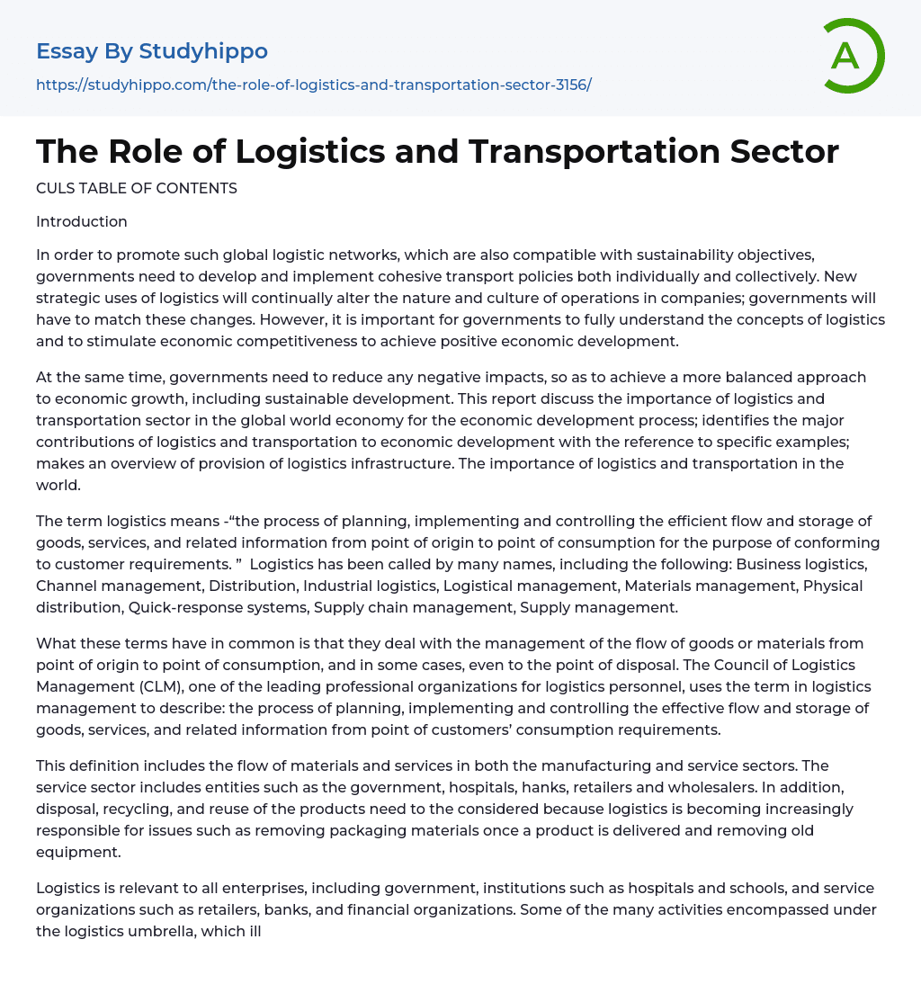 The Role of Logistics and Transportation Sector Essay Example