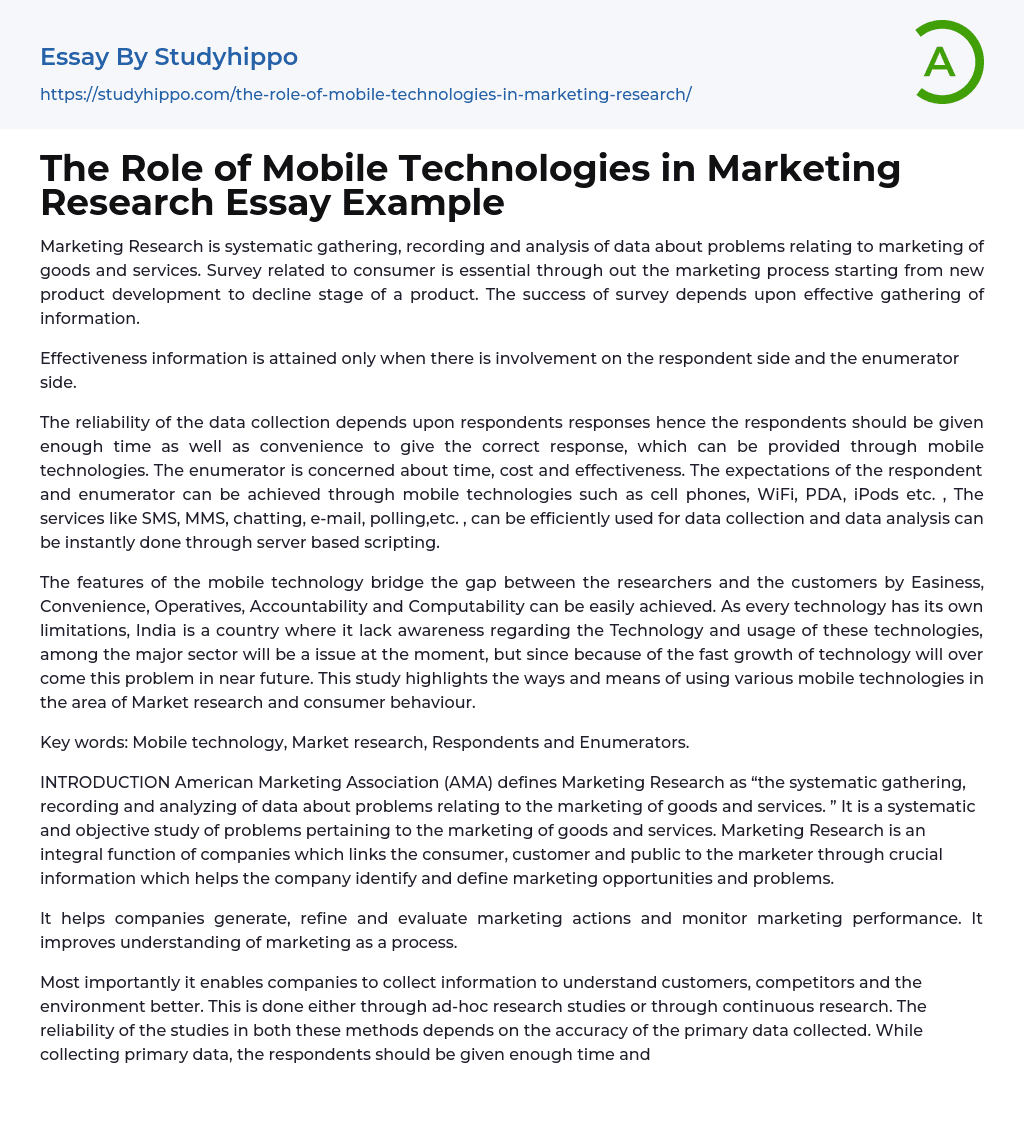 The Role of Mobile Technologies in Marketing Research Essay Example