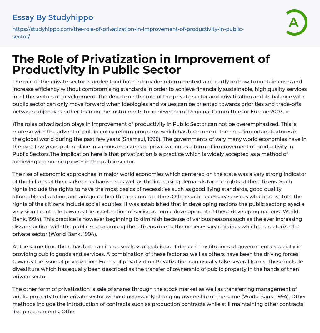 The Role of Privatization in Improvement of Productivity in Public Sector Essay Example
