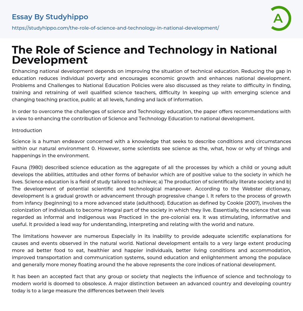 essay on science and technology in national development