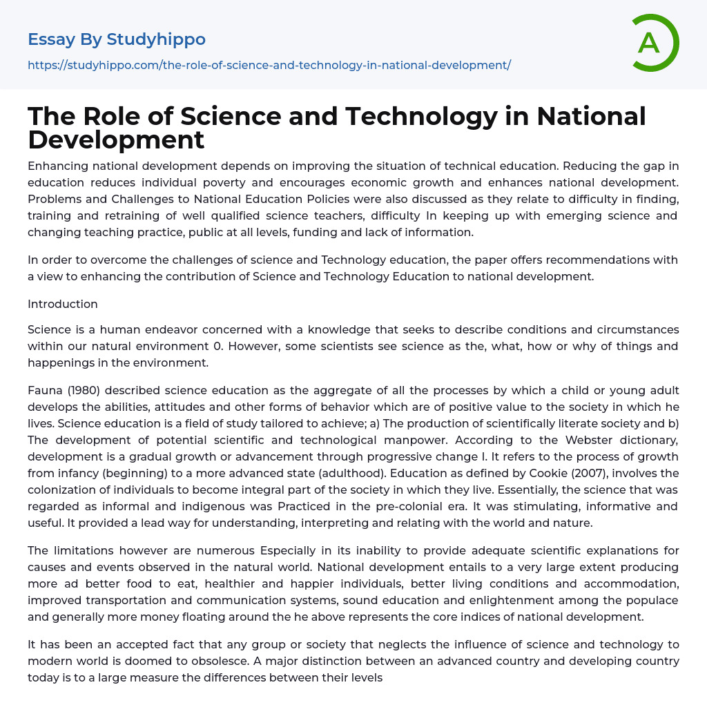 The Role Of Science And Technology In National Development Essay 