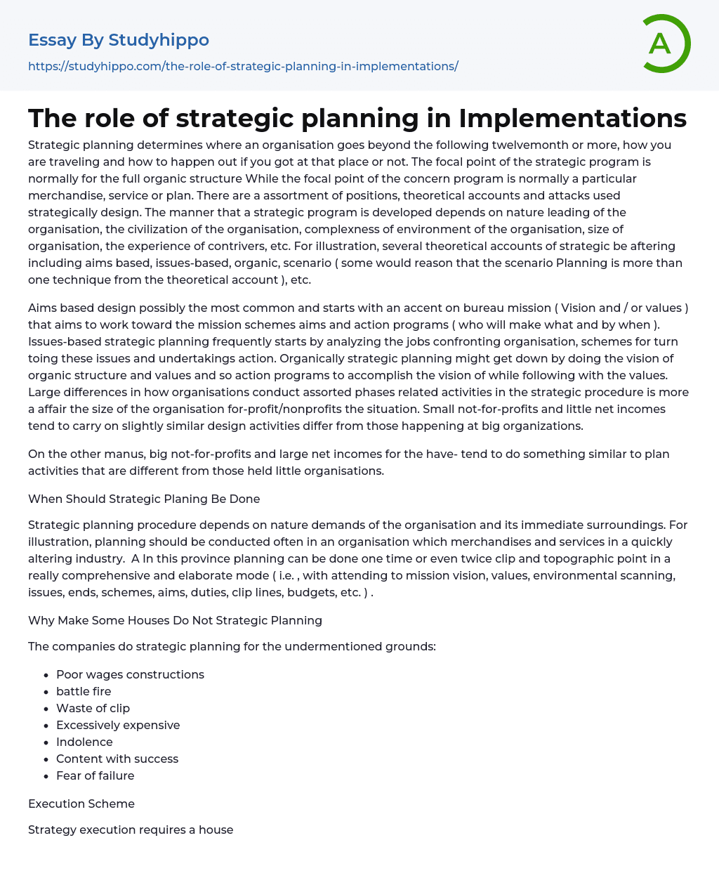 The role of strategic planning in Implementations Essay Example