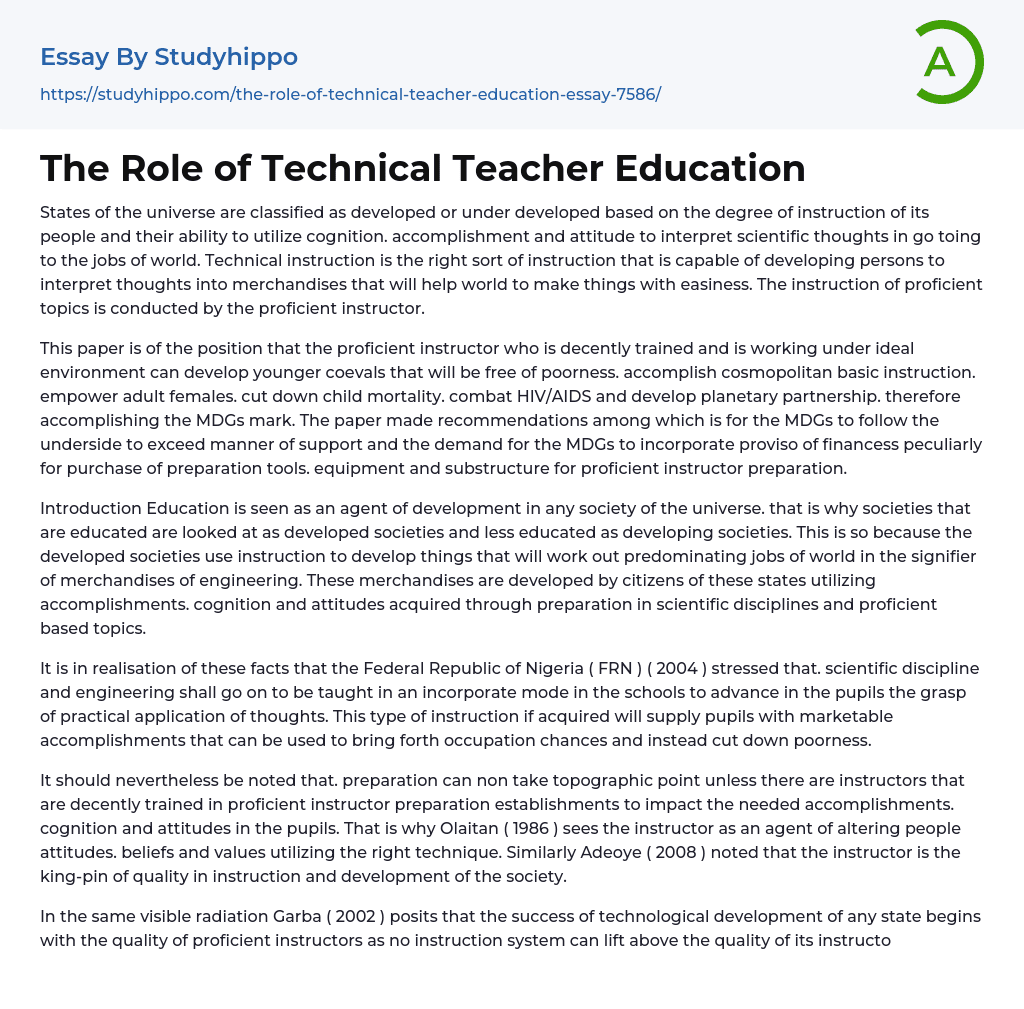 The Role of Technical Teacher Education Essay Example