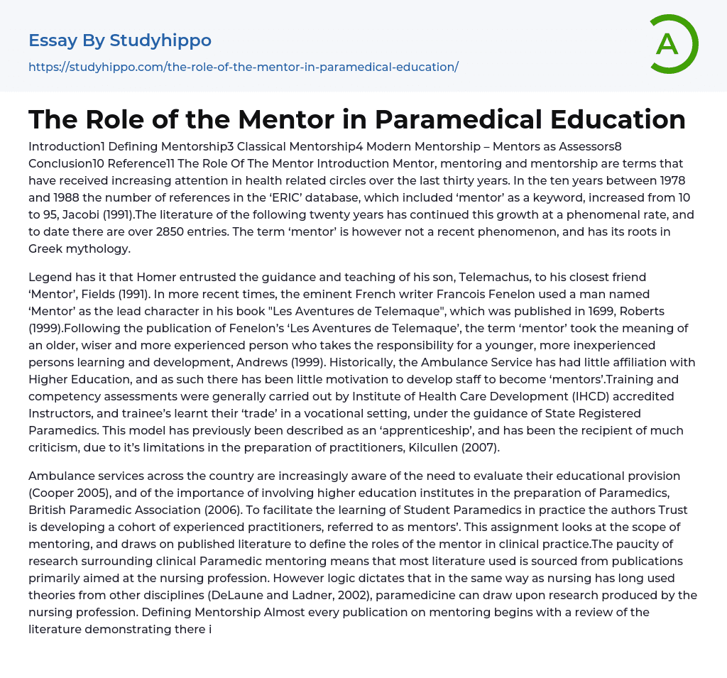 The Role of the Mentor in Paramedical Education Essay Example
