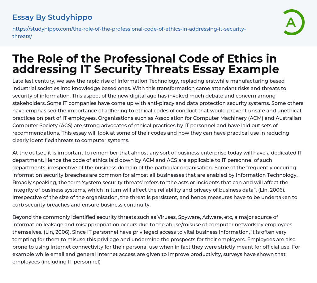 The Role of the Professional Code of Ethics in addressing IT Security Threats Essay Example