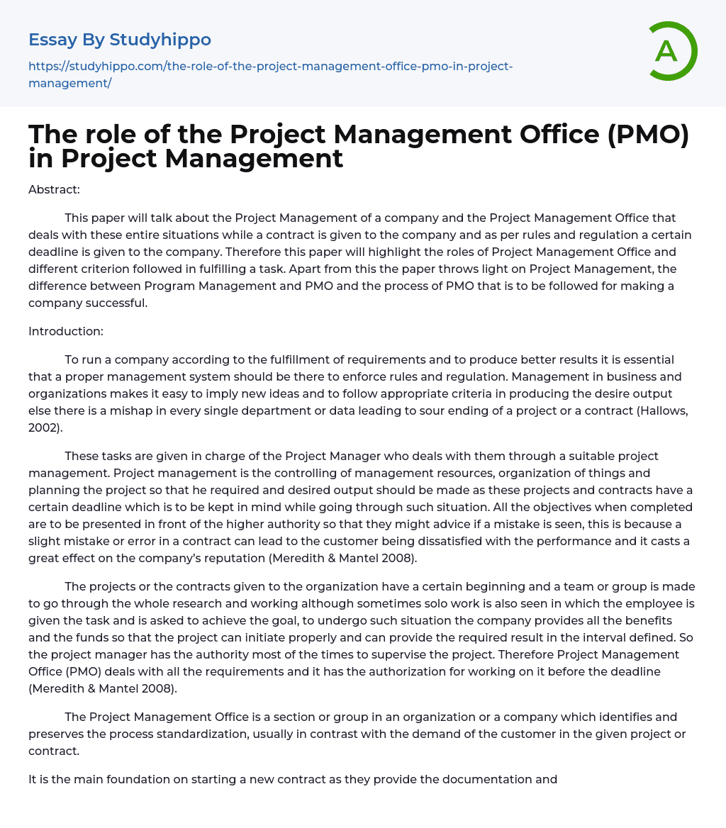 The role of the Project Management Office (PMO) in Project Management Essay Example