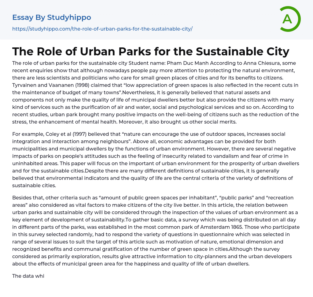 The Role of Urban Parks for the Sustainable City Essay Example