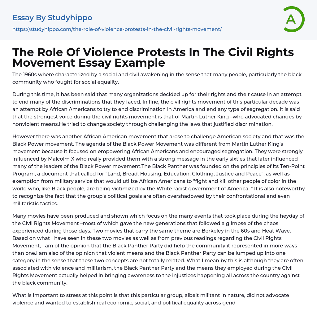 The Role Of Violence Protests In The Civil Rights Movement Essay Example