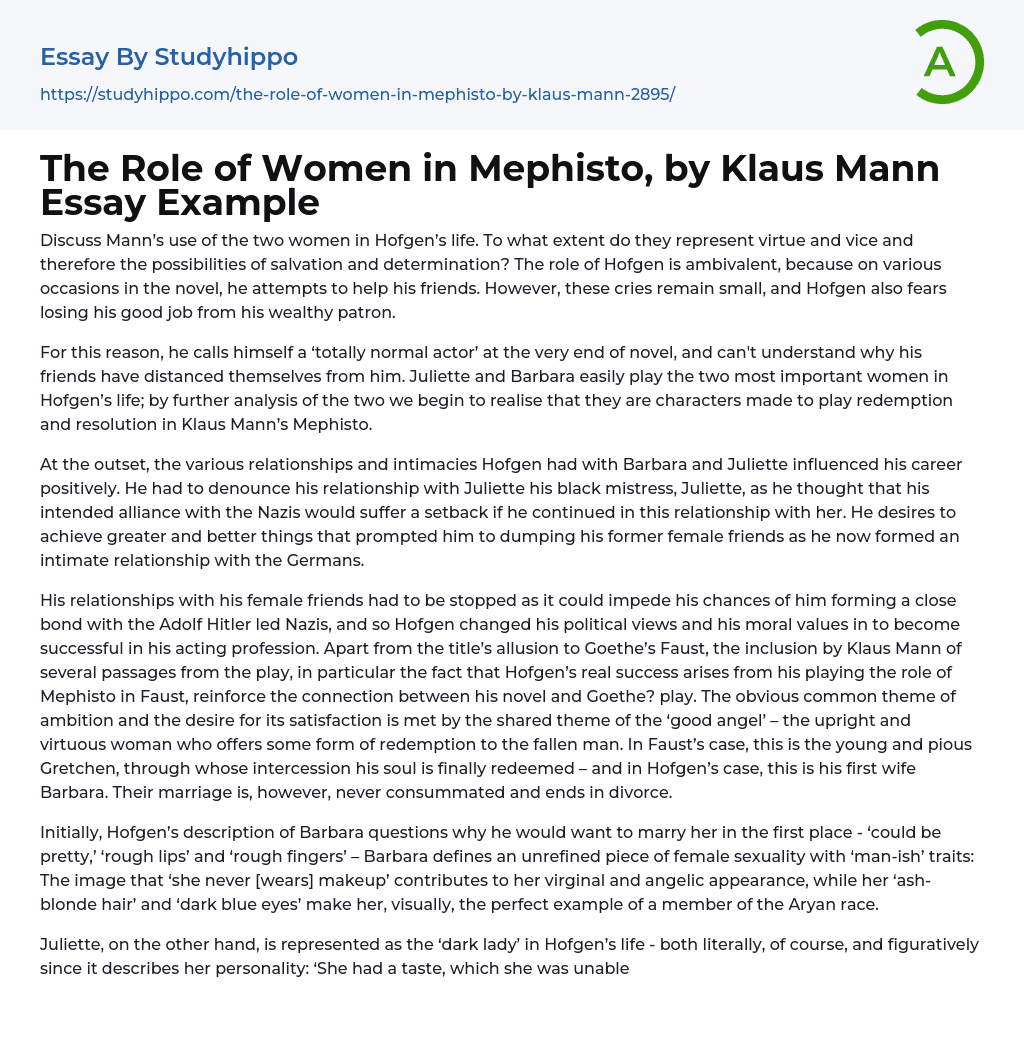 The Role of Women in Mephisto, by Klaus Mann Essay Example