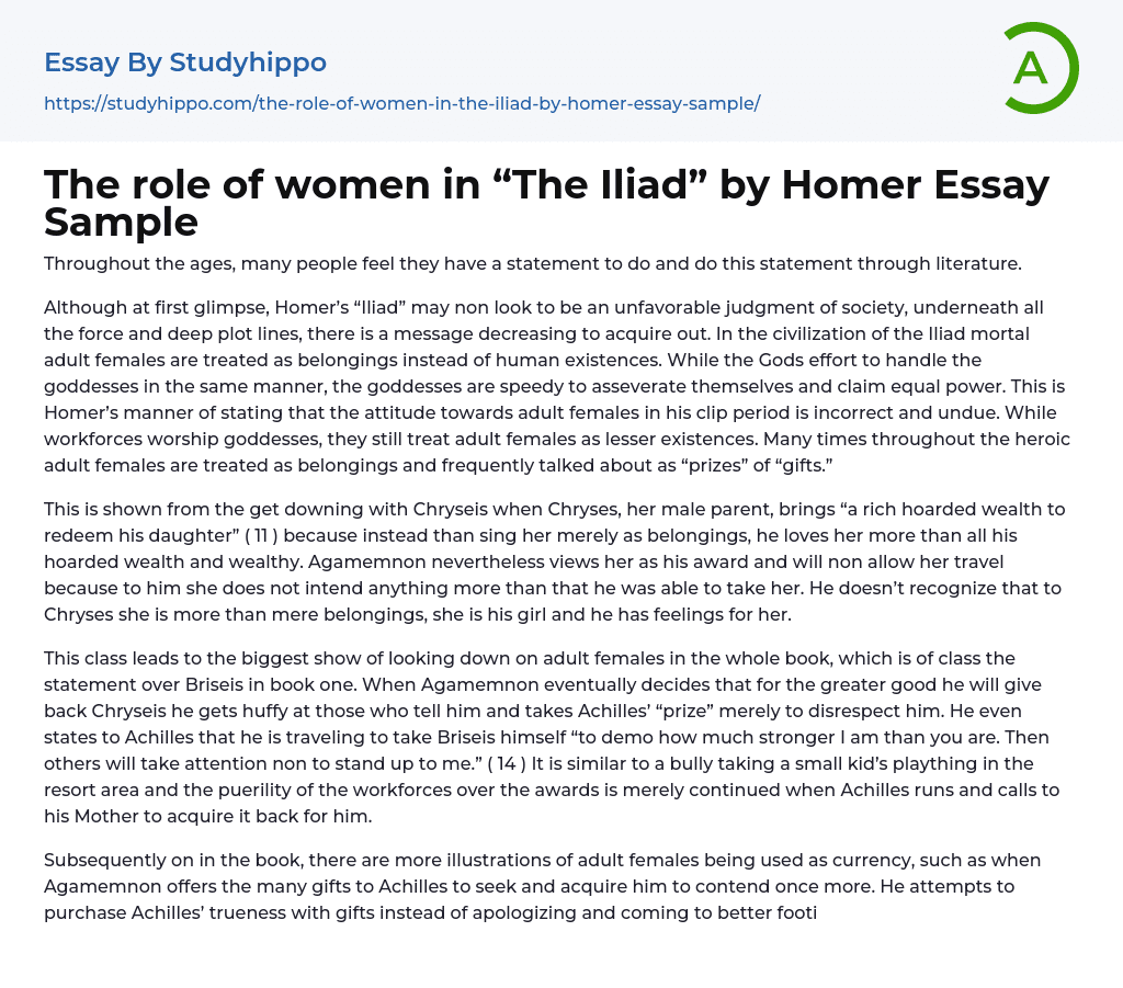 The role of women in “The Iliad” by Homer Essay Sample