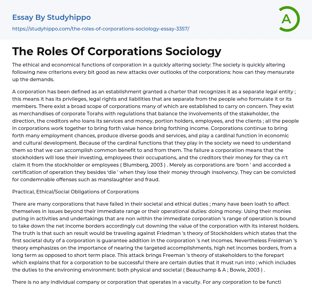 The Roles Of Corporations Sociology Essay Example
