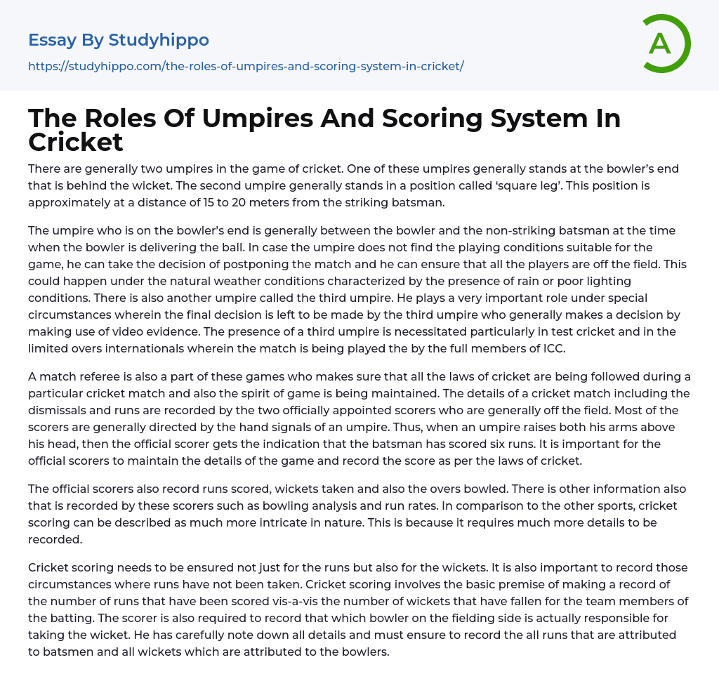 The Roles Of Umpires And Scoring System In Cricket Essay Example