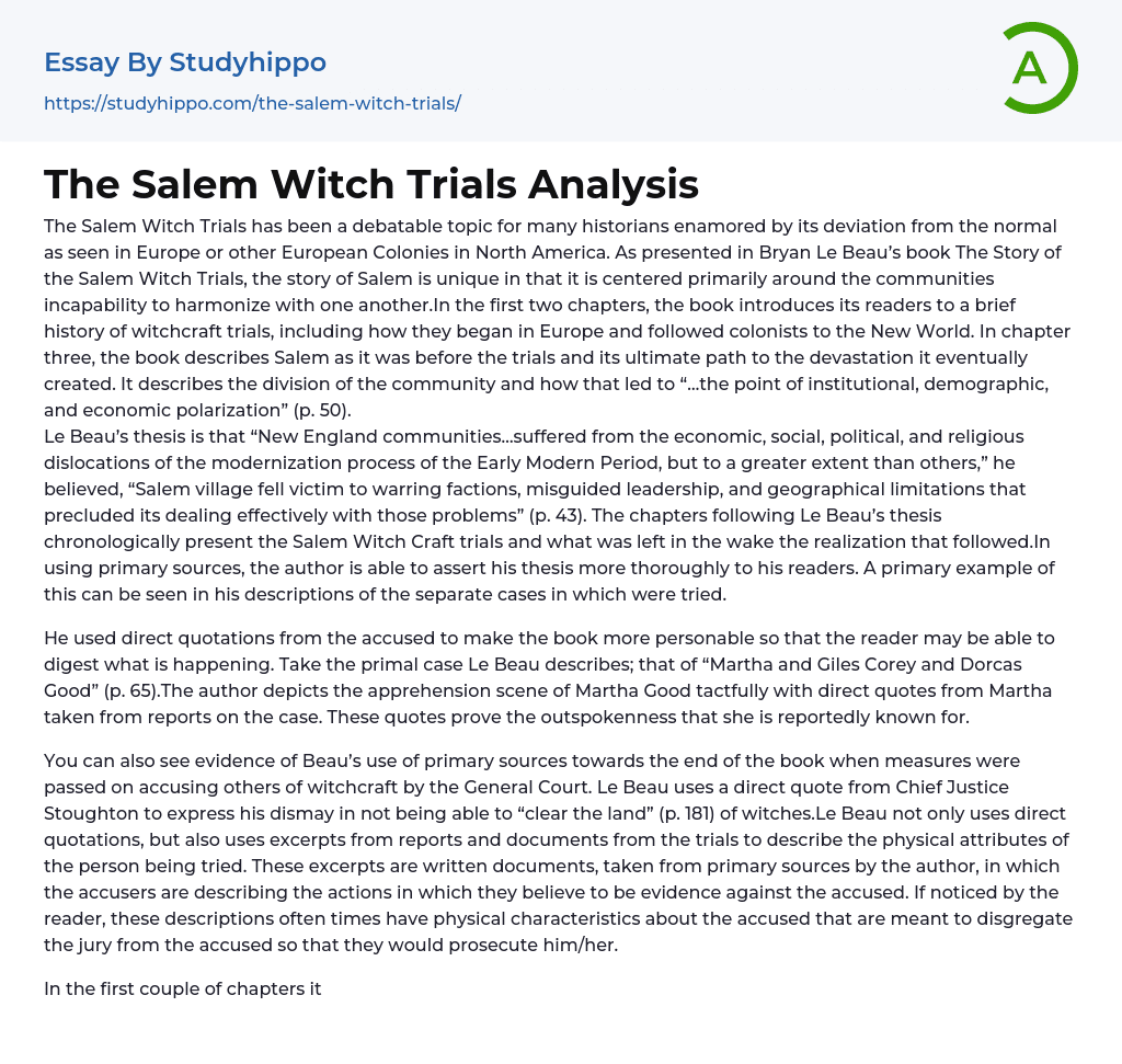 The Salem Witch Trials Analysis Essay Example