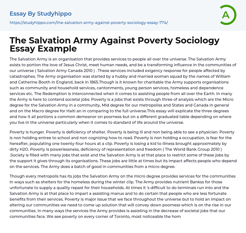 The Salvation Army Against Poverty Sociology Essay Example