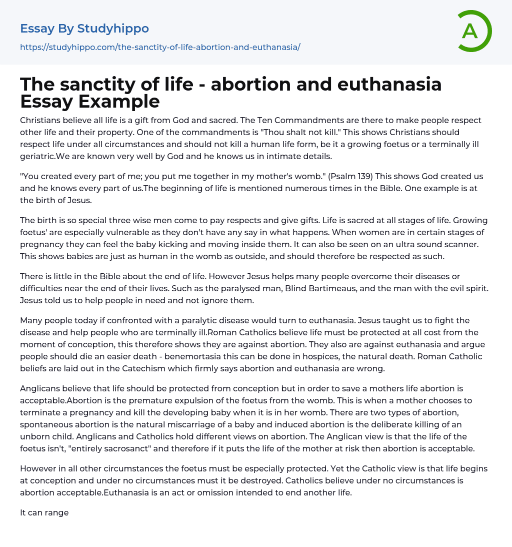 The sanctity of life – abortion and euthanasia Essay Example