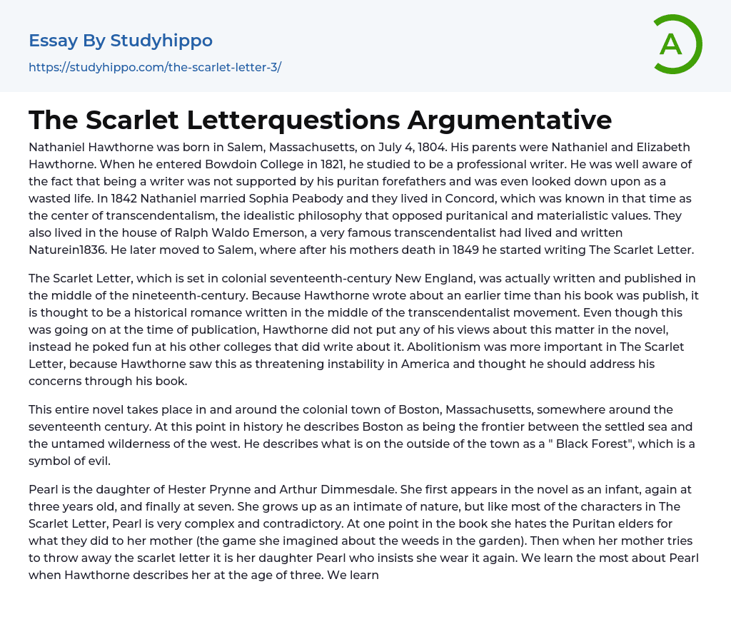 The Scarlet Letterquestions Argumentative Essay Example