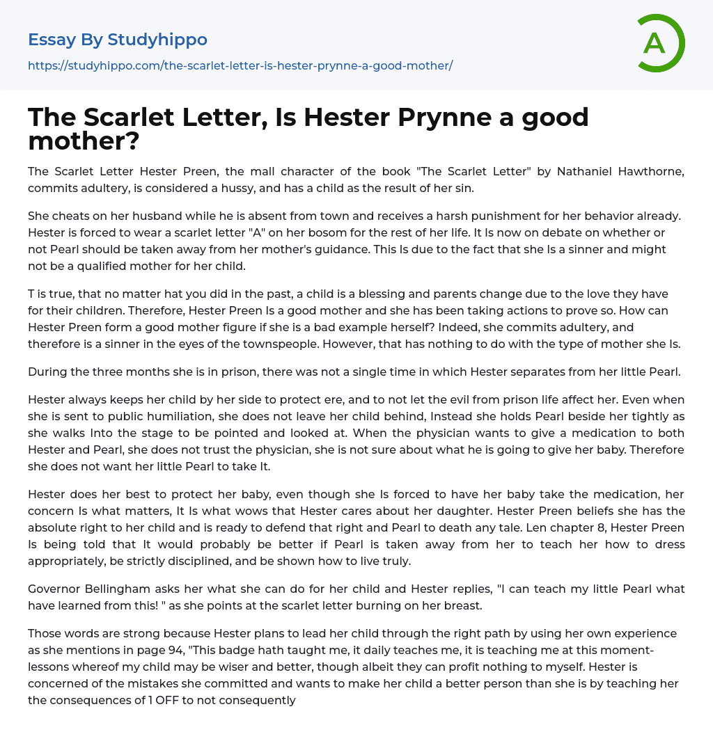 The Scarlet Letter, Is Hester Prynne a good mother? Essay Example