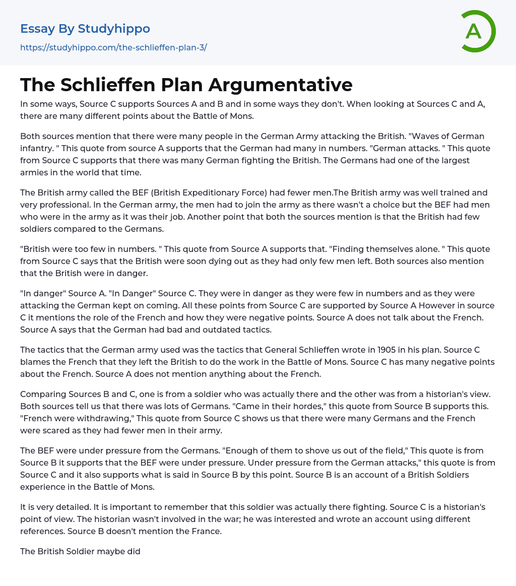 The Schlieffen Plan Argumentative Essay Example