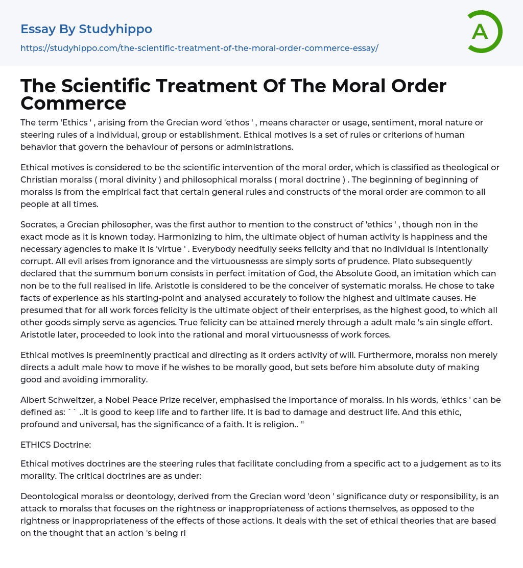 The Scientific Treatment Of The Moral Order Commerce Essay Example