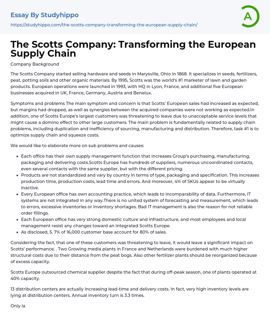 The Scotts Company: Transforming the European Supply Chain Essay Example