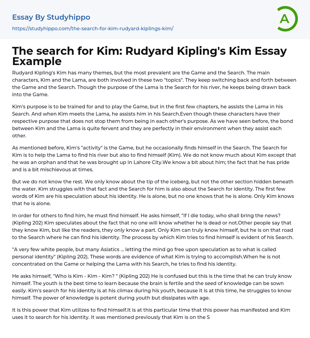 The search for Kim: Rudyard Kipling’s Kim Essay Example