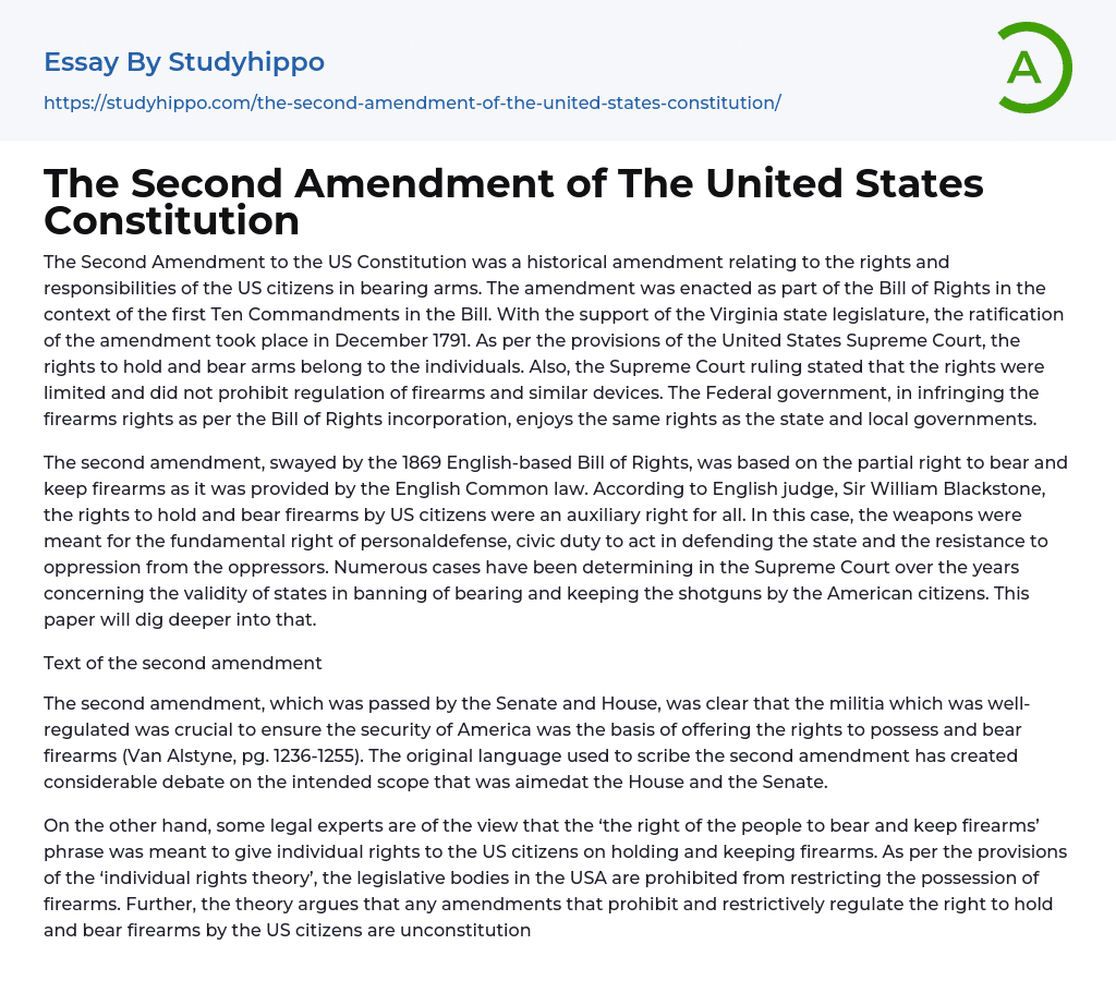 The Second Amendment of The United States Constitution Essay Example