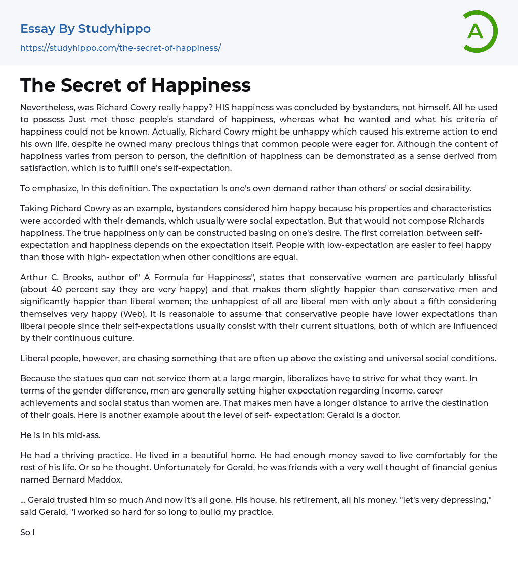 The Secret of Happiness Essay Example