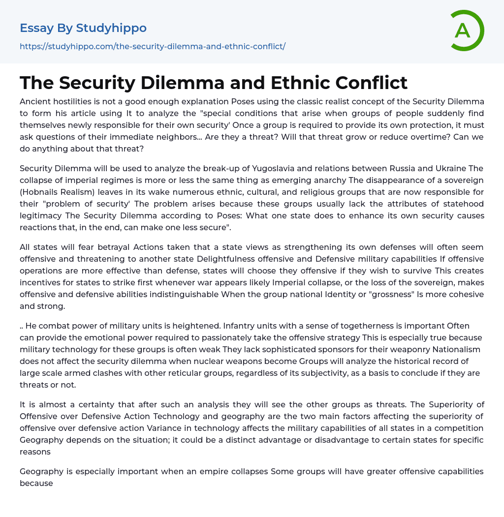 The Security Dilemma and Ethnic Conflict Essay Example