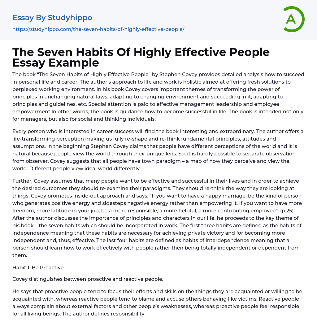 The Seven Habits Of Highly Effective People Essay Example