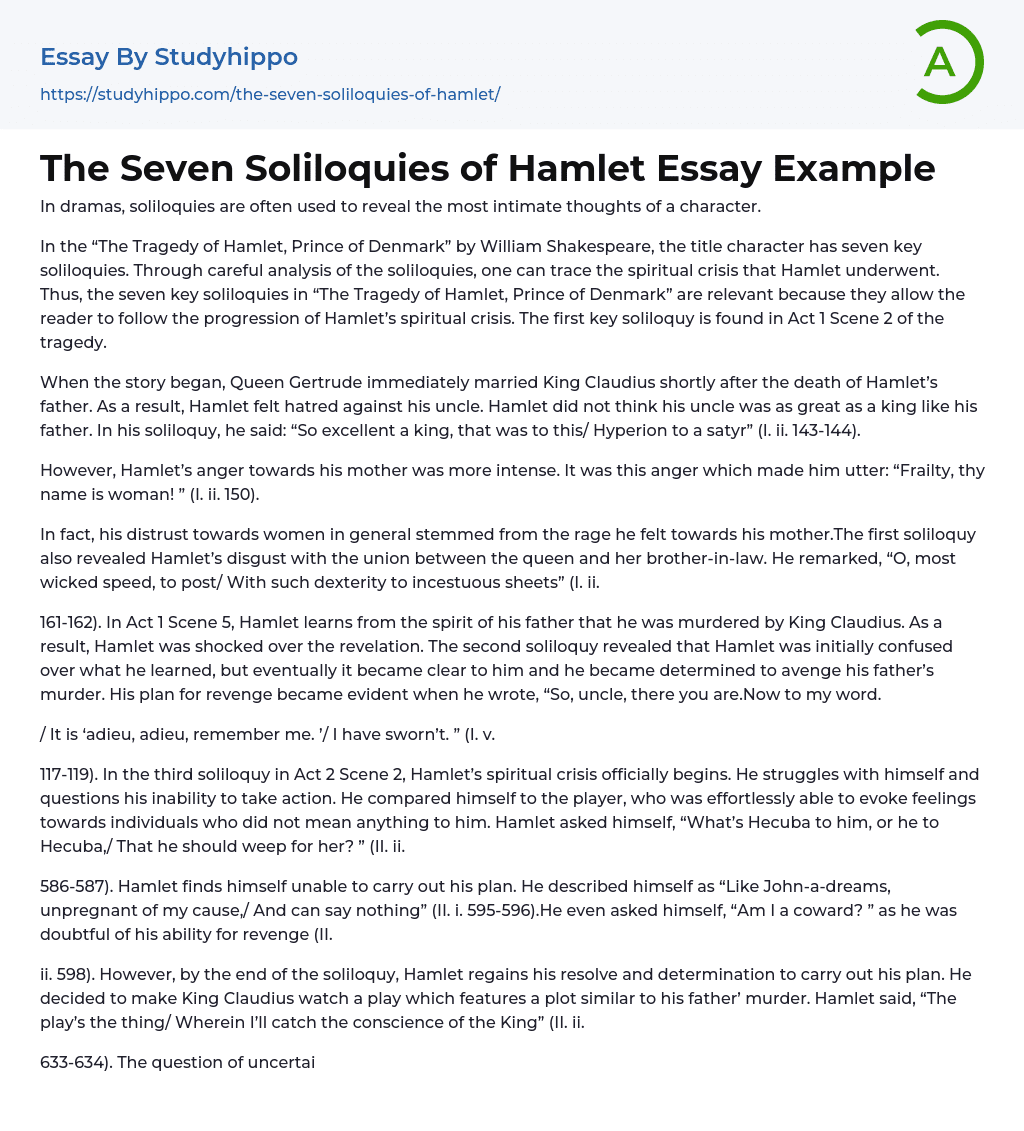 The Seven Soliloquies of Hamlet Essay Example