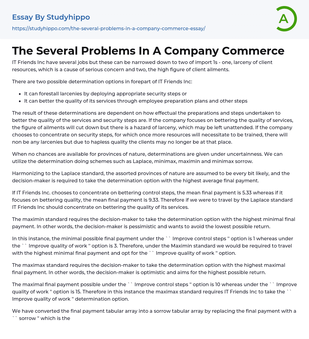 The Several Problems In A Company Commerce Essay Example