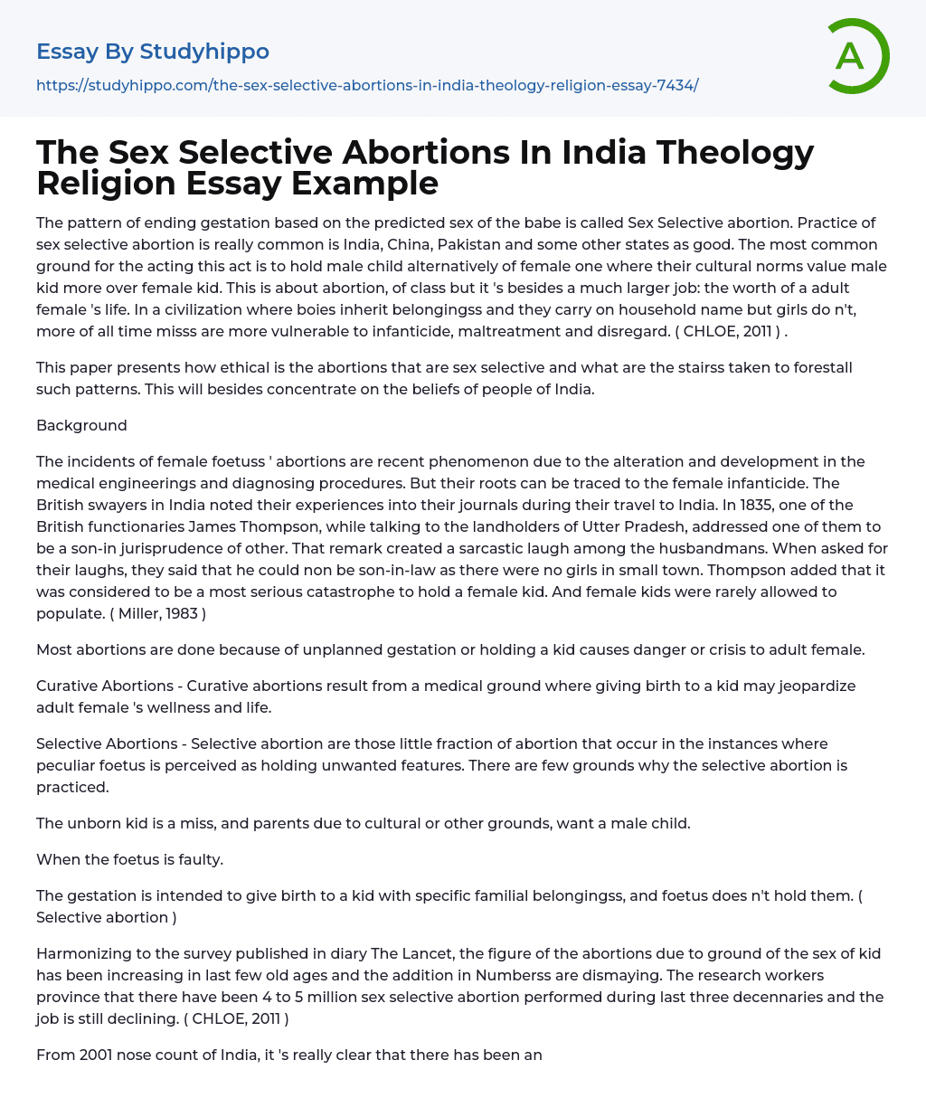 The Sex Selective Abortions In India Theology Religion Essay Example