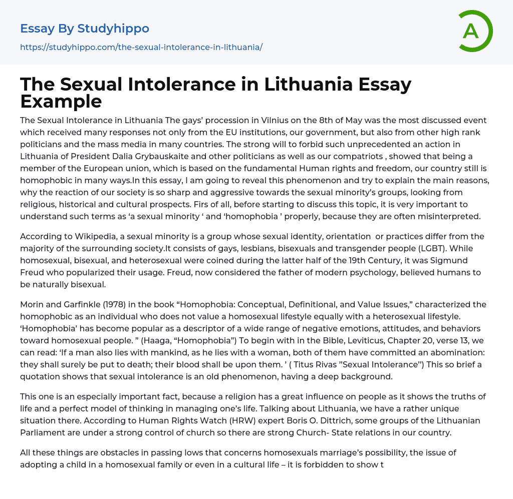 The Sexual Intolerance in Lithuania Essay Example