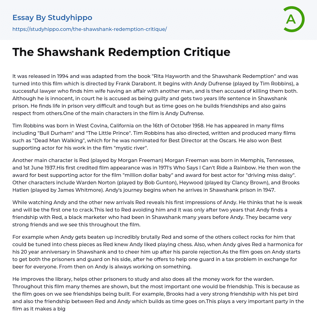 The Shawshank Redemption Critique Essay Example