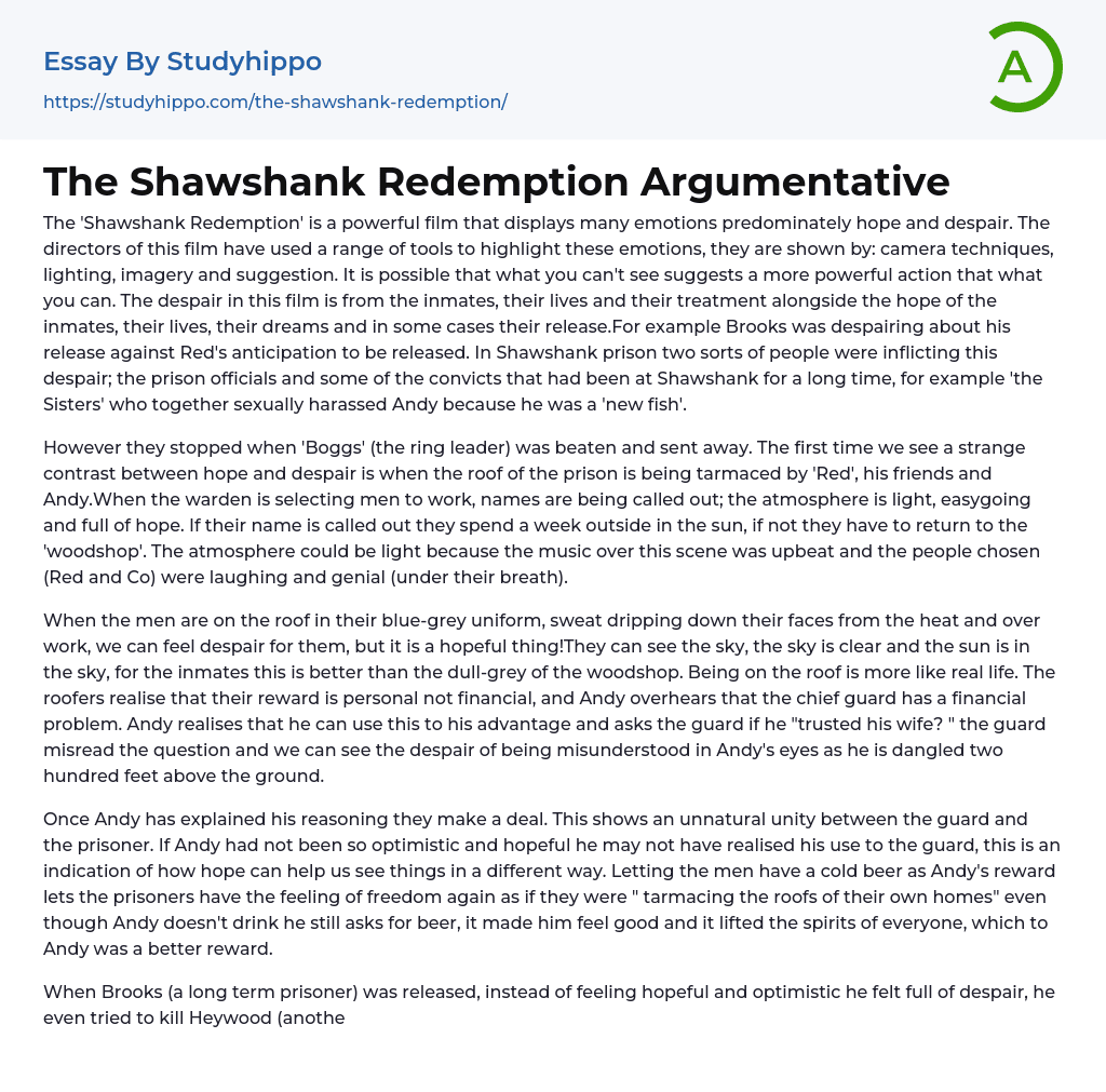 The Shawshank Redemption Argumentative Essay Example
