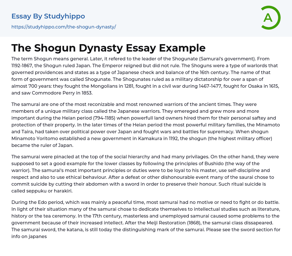 The Shogun Dynasty Essay Example