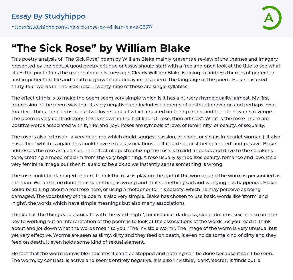 “The Sick Rose” by William Blake Essay Example