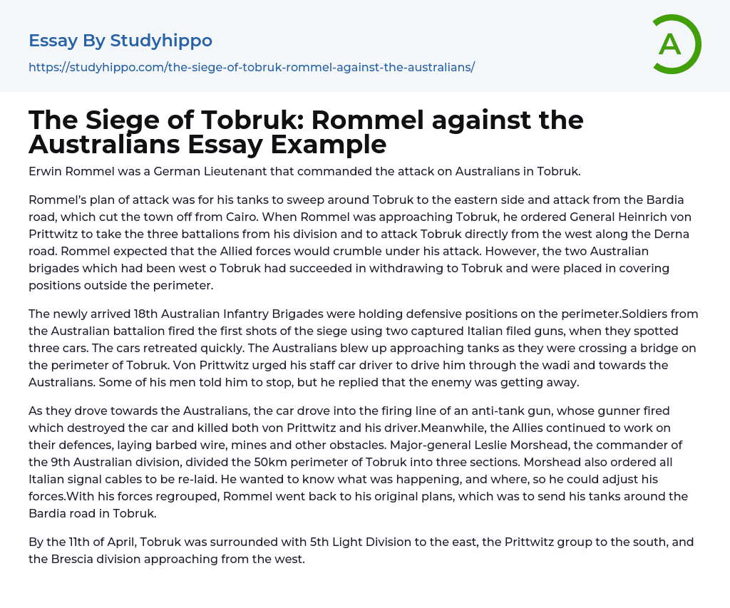 The Siege of Tobruk: Rommel against the Australians Essay Example