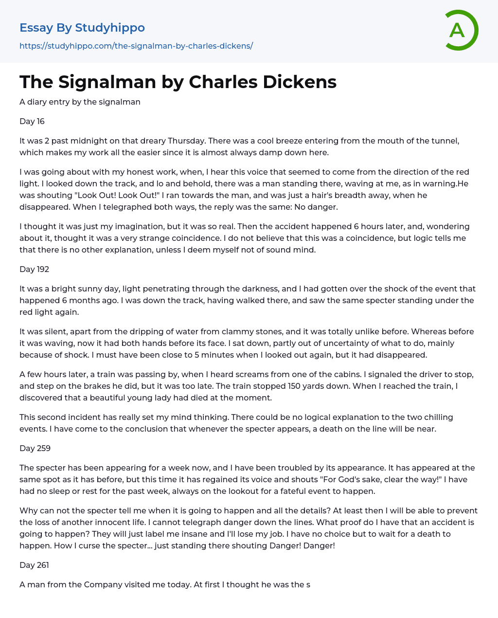 The Signalman by Charles Dickens Essay Example