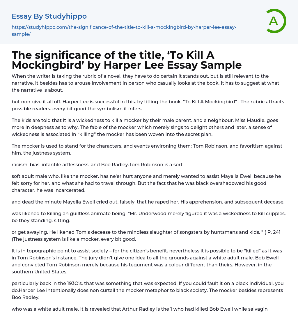 The significance of the title, ‘To Kill A Mockingbird’ by Harper Lee Essay Sample