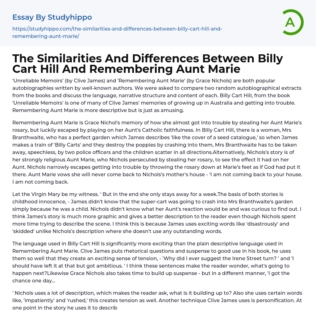 The Similarities And Differences Between Billy Cart Hill And Remembering Aunt Marie Essay Example