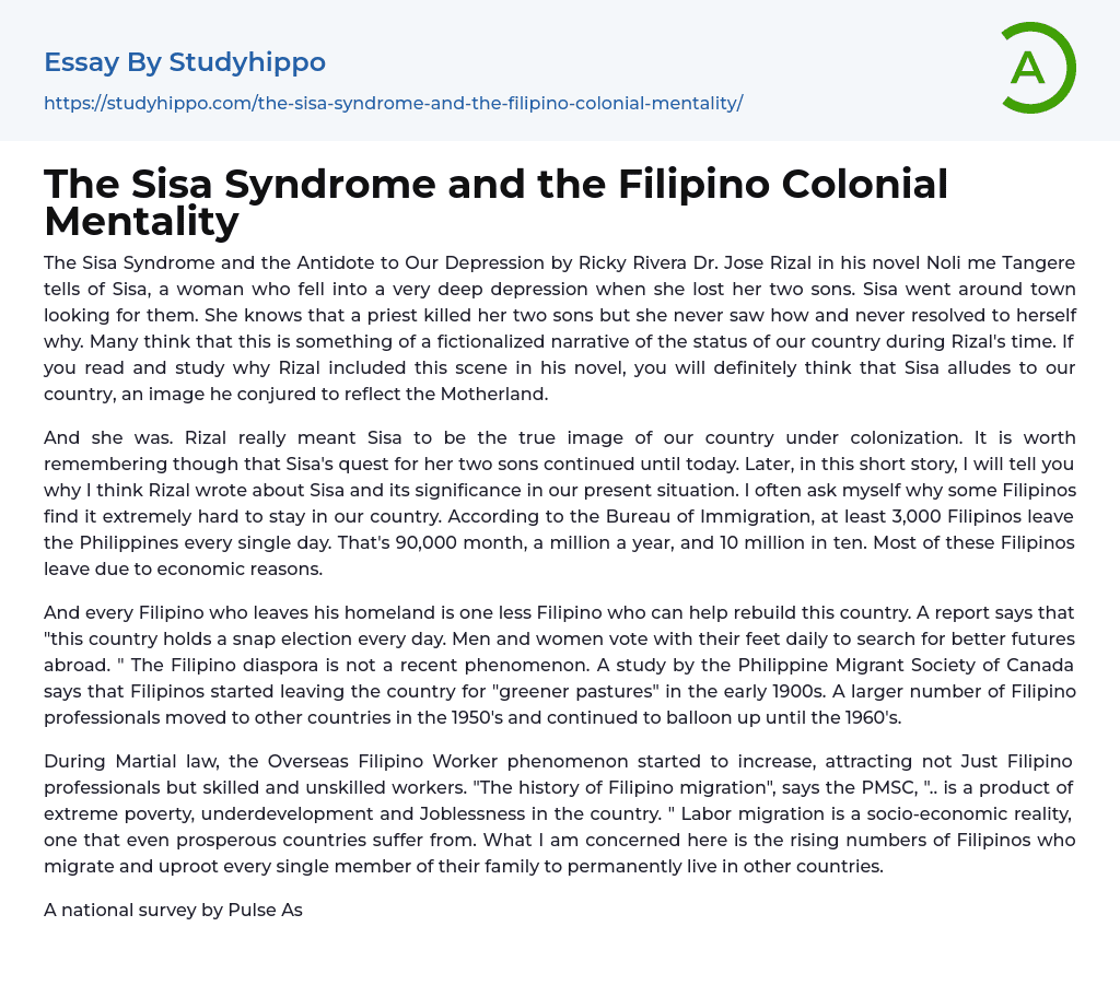 The Sisa Syndrome and the Filipino Colonial Mentality Essay Example
